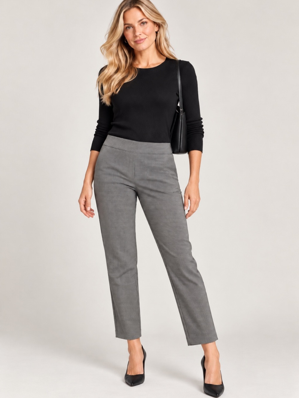 Black White Houndstooth Pants L/G Hilary Radley Pull-On Stretch Ankle